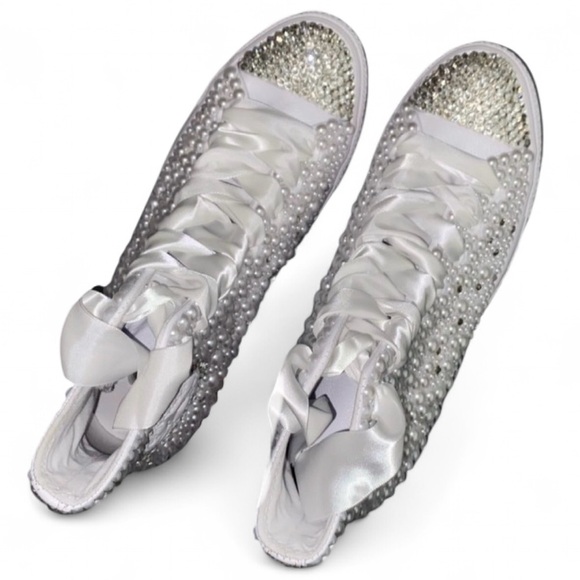 Crystal Diamonds & Pearls High Top Converse Sizes 5-14 New With Ribbon Laces - Picture 4 of 14